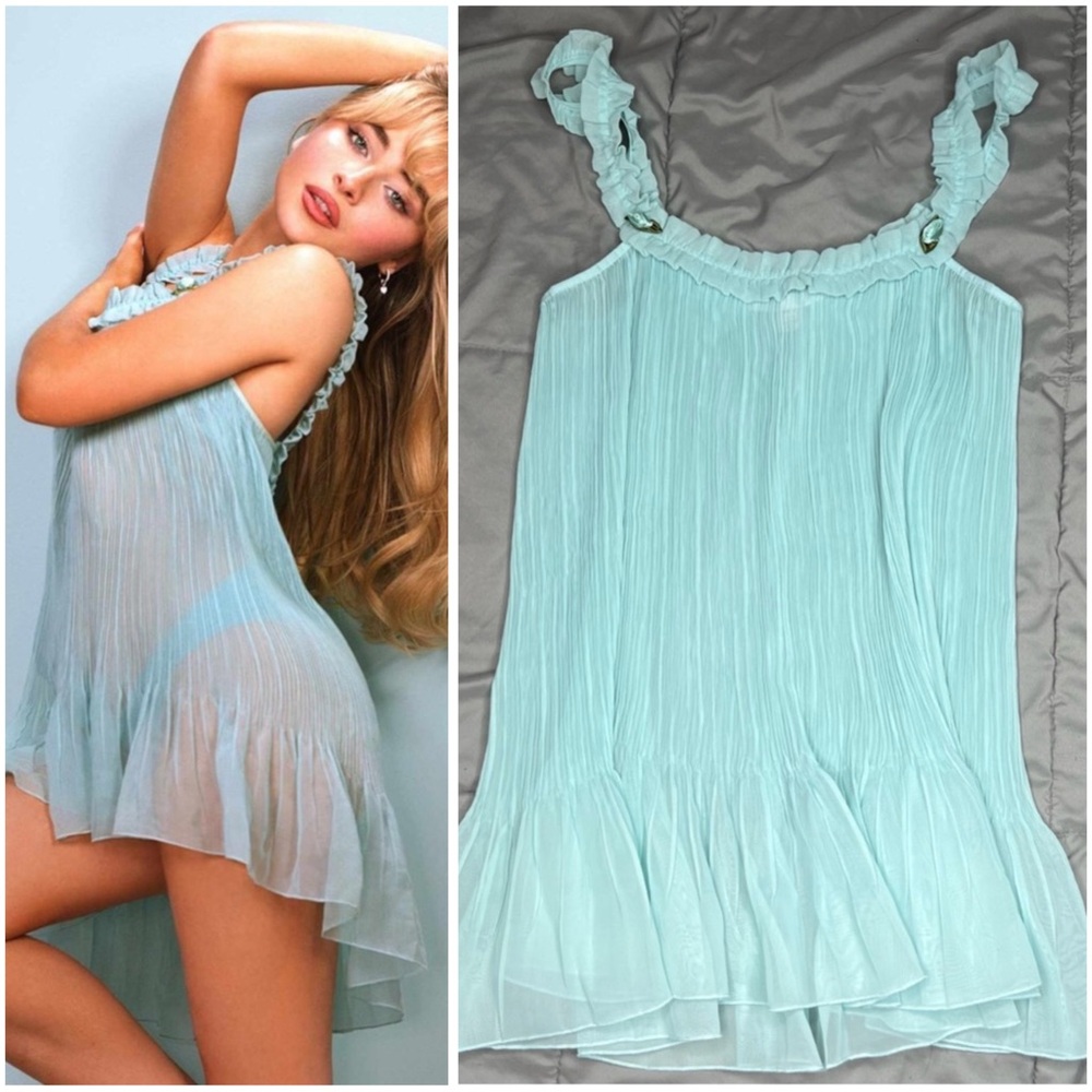 Sabrina Carpenter VS 2000's Aquamarine Sheer Pleated Mini Babydoll Dress